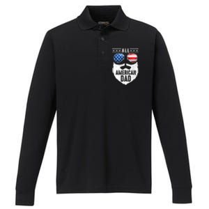 Patriotic Dad Beard Fathers Day All American Dad 4th Of July Gift Performance Long Sleeve Polo