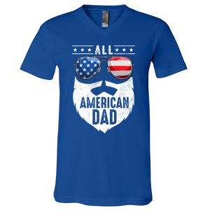 Patriotic Dad Beard Fathers Day All American Dad 4th Of July Gift V-Neck T-Shirt