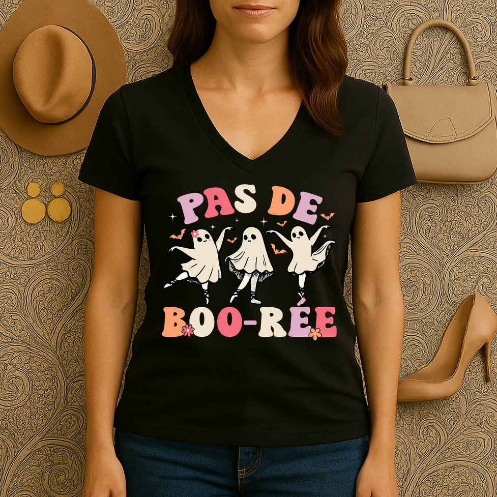 Pas De Boo RéE Ghost Ballet Dancer Halloween Dance Teacher Women's V-Neck T-Shirt