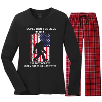 People Don't Believe I'm Real But They Believe Biden Bigfoot Women's Long Sleeve Flannel Pajama Set 