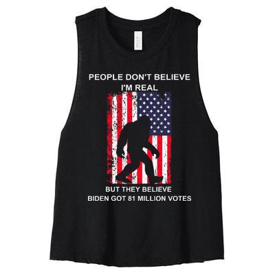 People Don't Believe I'm Real But They Believe Biden Bigfoot Women's Racerback Cropped Tank