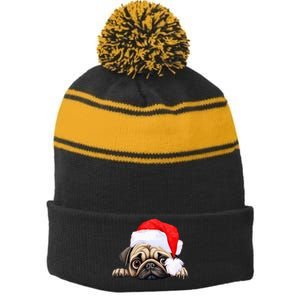 Pug Dog Christmas New Years Santa Claus Hat VNeck Stripe Pom Pom Beanie