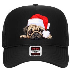 Pug Dog Christmas New Years Santa Claus Hat VNeck High Crown Mesh Back Trucker Hat