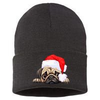 Pug Dog Christmas New Years Santa Claus Hat VNeck Sustainable Knit Beanie