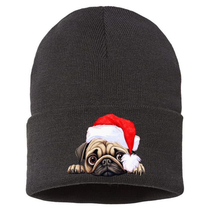 Pug Dog Christmas New Years Santa Claus Hat VNeck Sustainable Knit Beanie