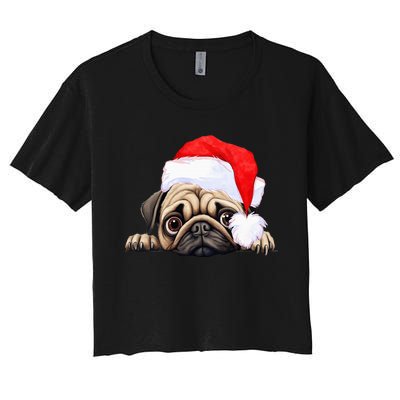 Pug Dog Christmas New Years Santa Claus Hat VNeck Women's Crop Top Tee