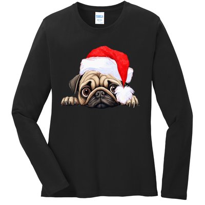 Pug Dog Christmas New Years Santa Claus Hat VNeck Ladies Long Sleeve Shirt