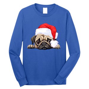 Pug Dog Christmas New Years Santa Claus Hat Funny Gift Long Sleeve Shirt