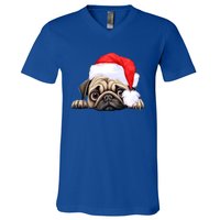 Pug Dog Christmas New Years Santa Claus Hat Funny Gift V-Neck T-Shirt