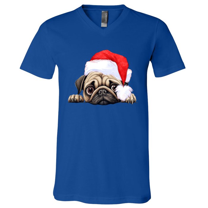 Pug Dog Christmas New Years Santa Claus Hat Funny Gift V-Neck T-Shirt