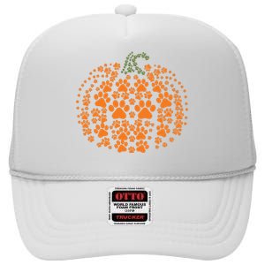 Pumpkin Dog Cat Paw Print Halloween Pet Lover Long Sleeve High Crown Mesh Back Trucker Hat