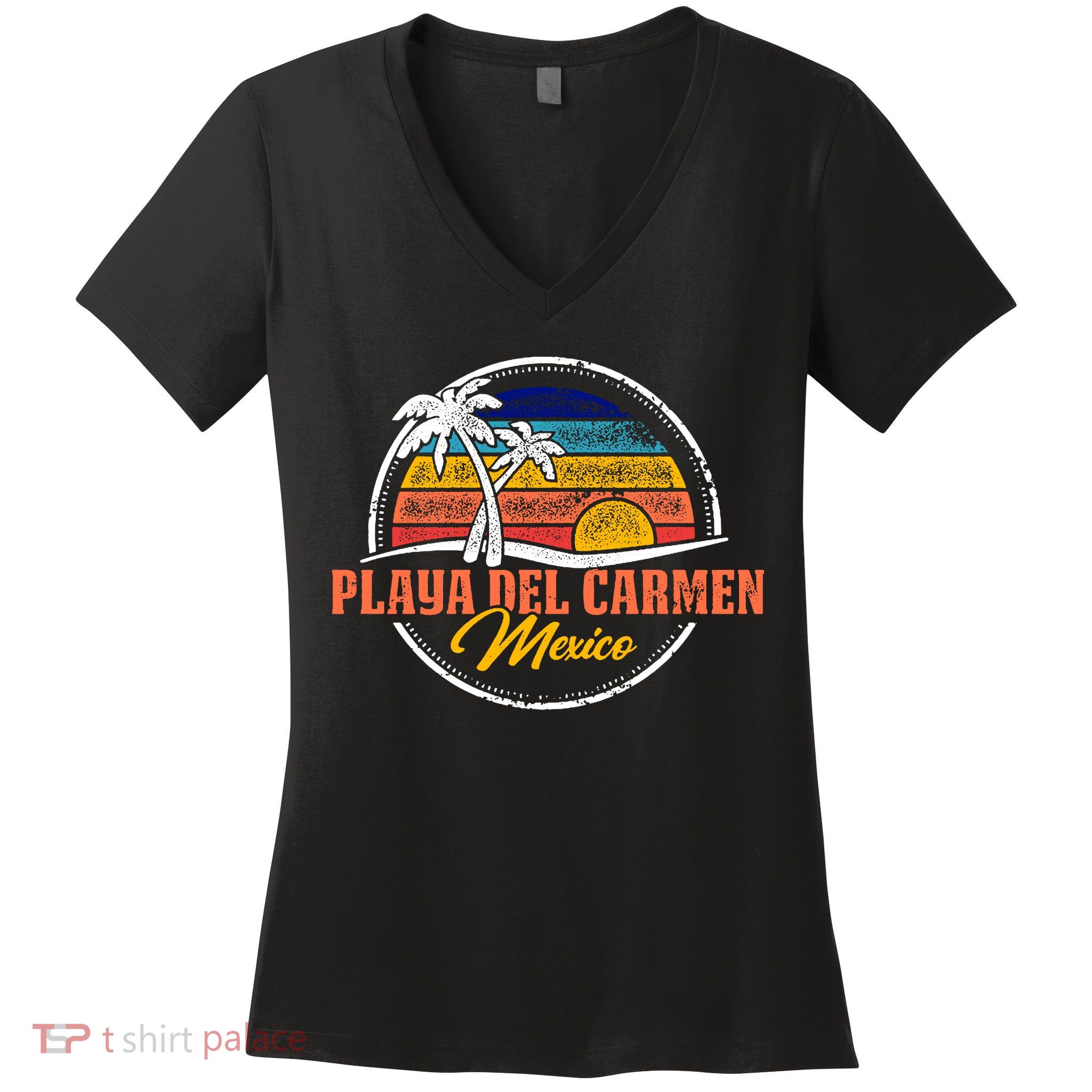 Playa Del Carmen Retro Sunset Women's V-Neck T-Shirt