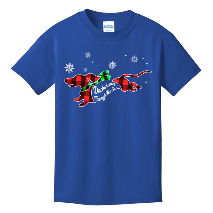 Plaid Dachshund Dog Through Snow Dog Lovers Merry Christmas Gift Kids T-Shirt