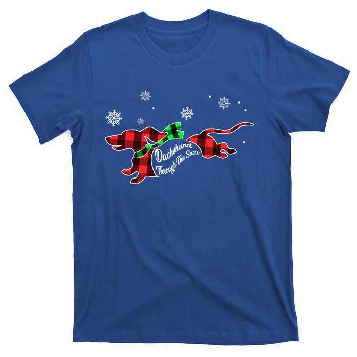 Plaid Dachshund Dog Through Snow Dog Lovers Merry Christmas Gift T-Shirt