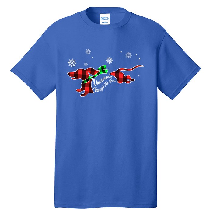 Plaid Dachshund Dog Through Snow Dog Lovers Merry Christmas Gift Tall T-Shirt