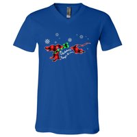 Plaid Dachshund Dog Through Snow Dog Lovers Merry Christmas Gift V-Neck T-Shirt