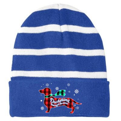 Plaid Dachshund Dog Through Snow Dog Lovers Merry Christmas Gift Striped Beanie with Solid Band