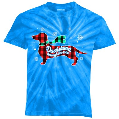 Plaid Dachshund Dog Through Snow Dog Lovers Merry Christmas Gift Kids Tie-Dye T-Shirt