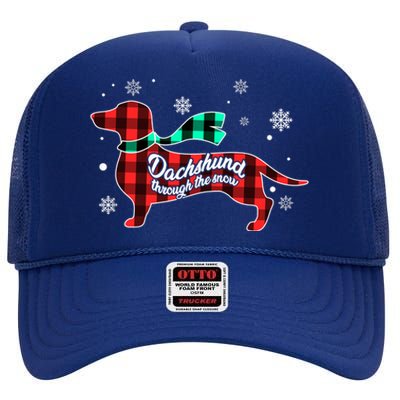 Plaid Dachshund Dog Through Snow Dog Lovers Merry Christmas Gift High Crown Mesh Back Trucker Hat