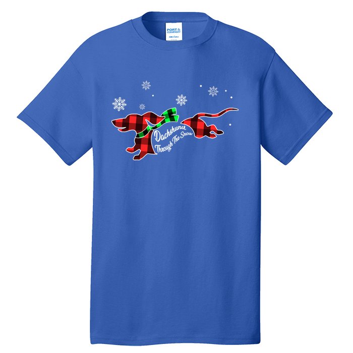 Plaid Dachshund Dog Through Snow Dog Lovers Merry Christmas Cute Gift Tall T-Shirt