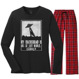 Parody Dachshund Dog Ufo Abduction For Dachsie Meme Lover Women's Long Sleeve Flannel Pajama Set 