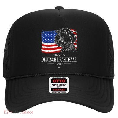 Proud Deutsch Drahthaar Dad American Flag Patriotic Dog Gift High Crown Mesh Back Trucker Hat