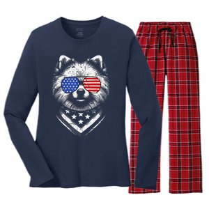 Pomeranian Dog Dad Patriotic 4th Of July American Us Flag Women's Long Sleeve Flannel Pajama Set 