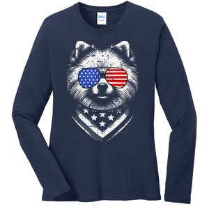 Pomeranian Dog Dad Patriotic 4th Of July American Us Flag Ladies Long Sleeve Shirt