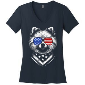 Pomeranian Dog Dad Patriotic 4th Of July American Us Flag Women's V-Neck T-Shirt