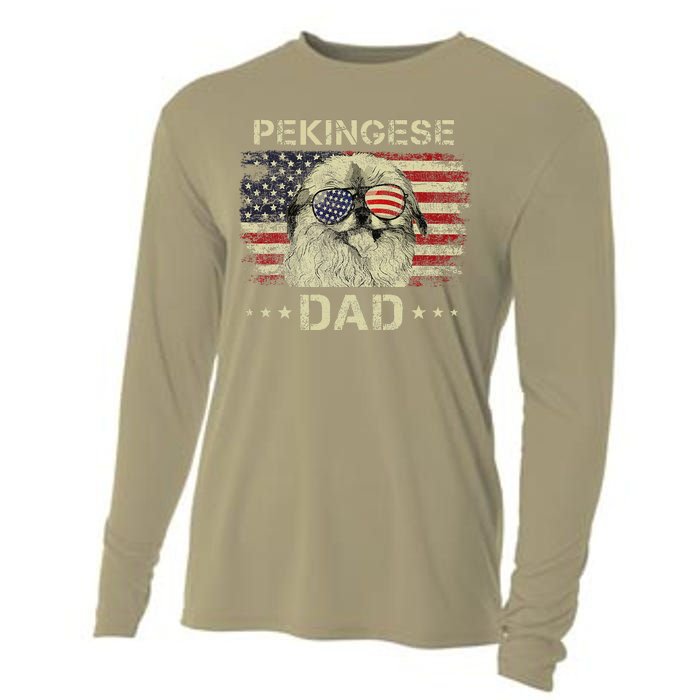 Pekingese Dad Dog Lovers American Flag 4th Of July Cooling Performance Long Sleeve Crew