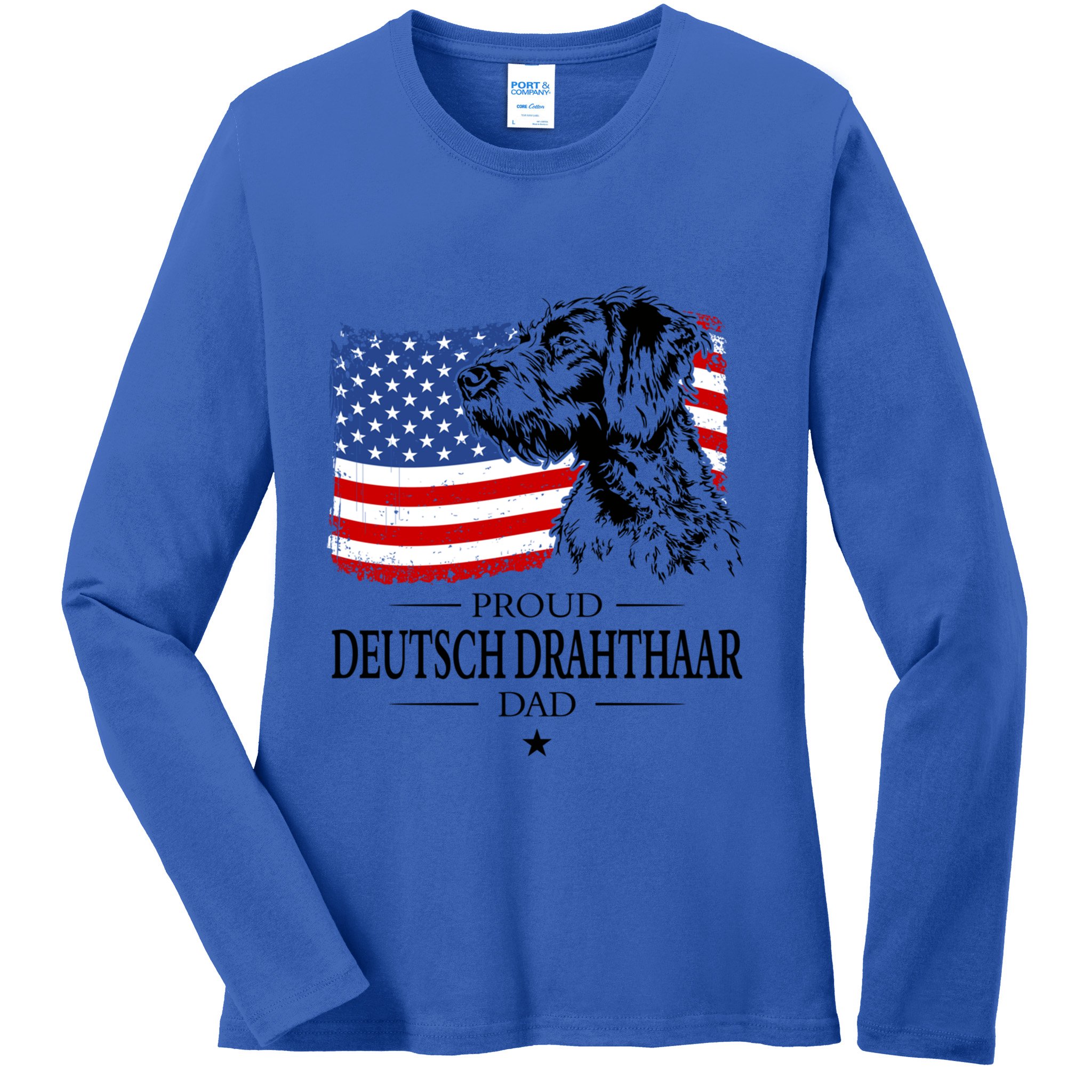Proud Deutsch Drahthaar Dad American Flag Dog Funny Gift Ladies Long Sleeve Shirt