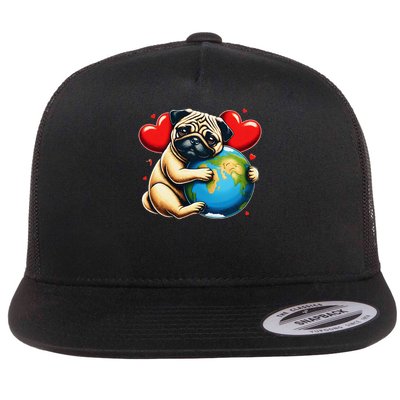 Pug Dog Earth Day Hug Love Owner Planet Lover Globe Hugging Flat Bill Trucker Hat