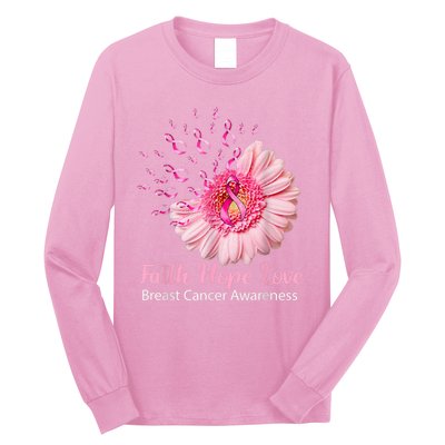 Pink Daisy Flower Faith Hope Love Breast Cancer Awareness Long Sleeve Shirt