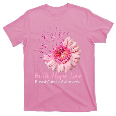 Pink Daisy Flower Faith Hope Love Breast Cancer Awareness T-Shirt