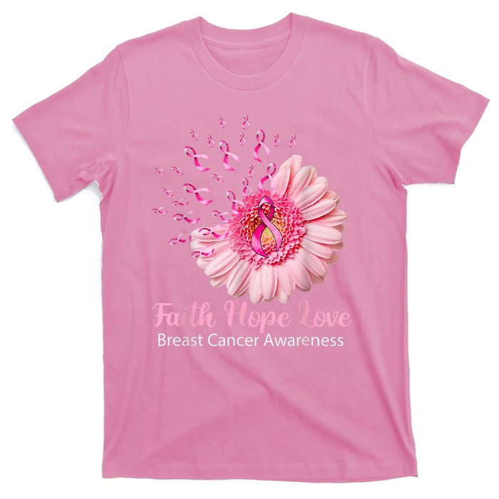 Pink Daisy Flower Faith Hope Love Breast Cancer Awareness T-Shirt