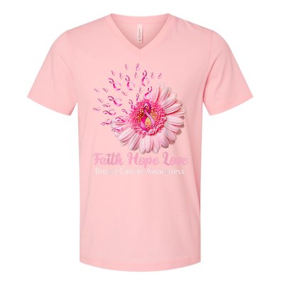 Pink Daisy Flower Faith Hope Love Breast Cancer Awareness V-Neck T-Shirt