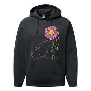 Pug Dog Flower Paw Cure Breast Cancer Awareness Support Gift Performance Fleece Hoodie