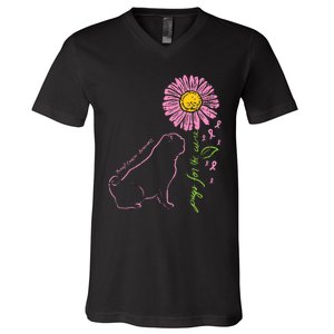 Pug Dog Flower Paw Cure Breast Cancer Awareness Support Gift V-Neck T-Shirt