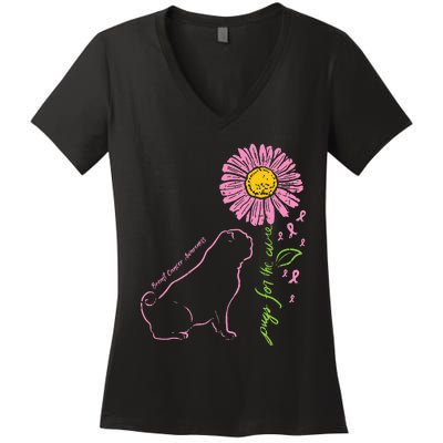 Pug Dog Flower Paw Cure Breast Cancer Awareness Support Gift Women's V-Neck T-Shirt