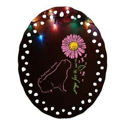 Pug Dog Flower Paw Cure Breast Cancer Awareness Support Gift Ceramic Oval Ornament