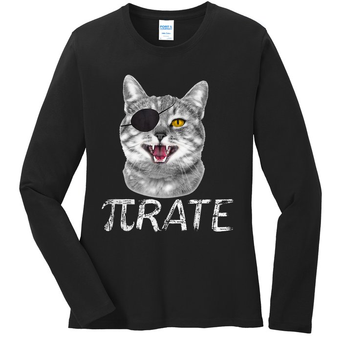 Pi Day Funny Math Science Cat Pirate Ladies Long Sleeve Shirt