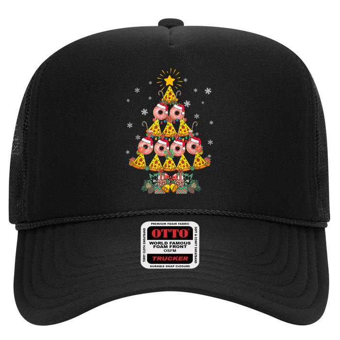 Pizza & Donut Funny Christmas Tree Merry Xmas Crustmas Light High Crown Mesh Back Trucker Hat