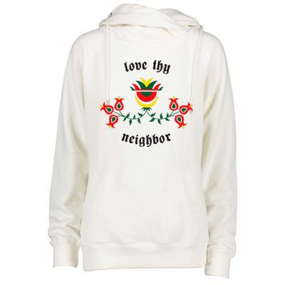 Pennsylvania Dutch Fraktur Love Thy Neighbor Womens Funnel Neck Pullover Hood