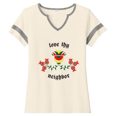 Pennsylvania Dutch Fraktur Love Thy Neighbor Ladies Halftime Notch Neck Tee