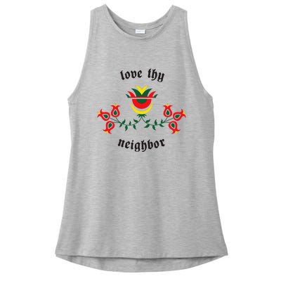 Pennsylvania Dutch Fraktur Love Thy Neighbor Ladies PosiCharge Tri-Blend Wicking Tank