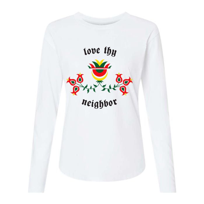 Pennsylvania Dutch Fraktur Love Thy Neighbor Womens Cotton Relaxed Long Sleeve T-Shirt