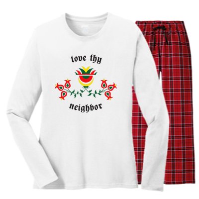 Pennsylvania Dutch Fraktur Love Thy Neighbor Women's Long Sleeve Flannel Pajama Set 