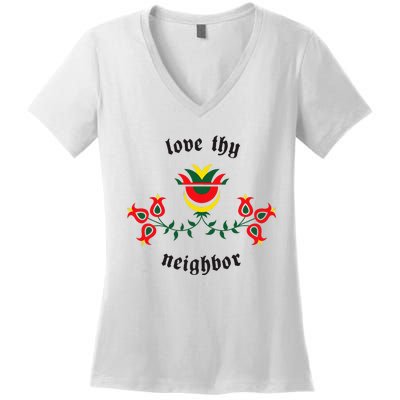 Pennsylvania Dutch Fraktur Love Thy Neighbor Women's V-Neck T-Shirt