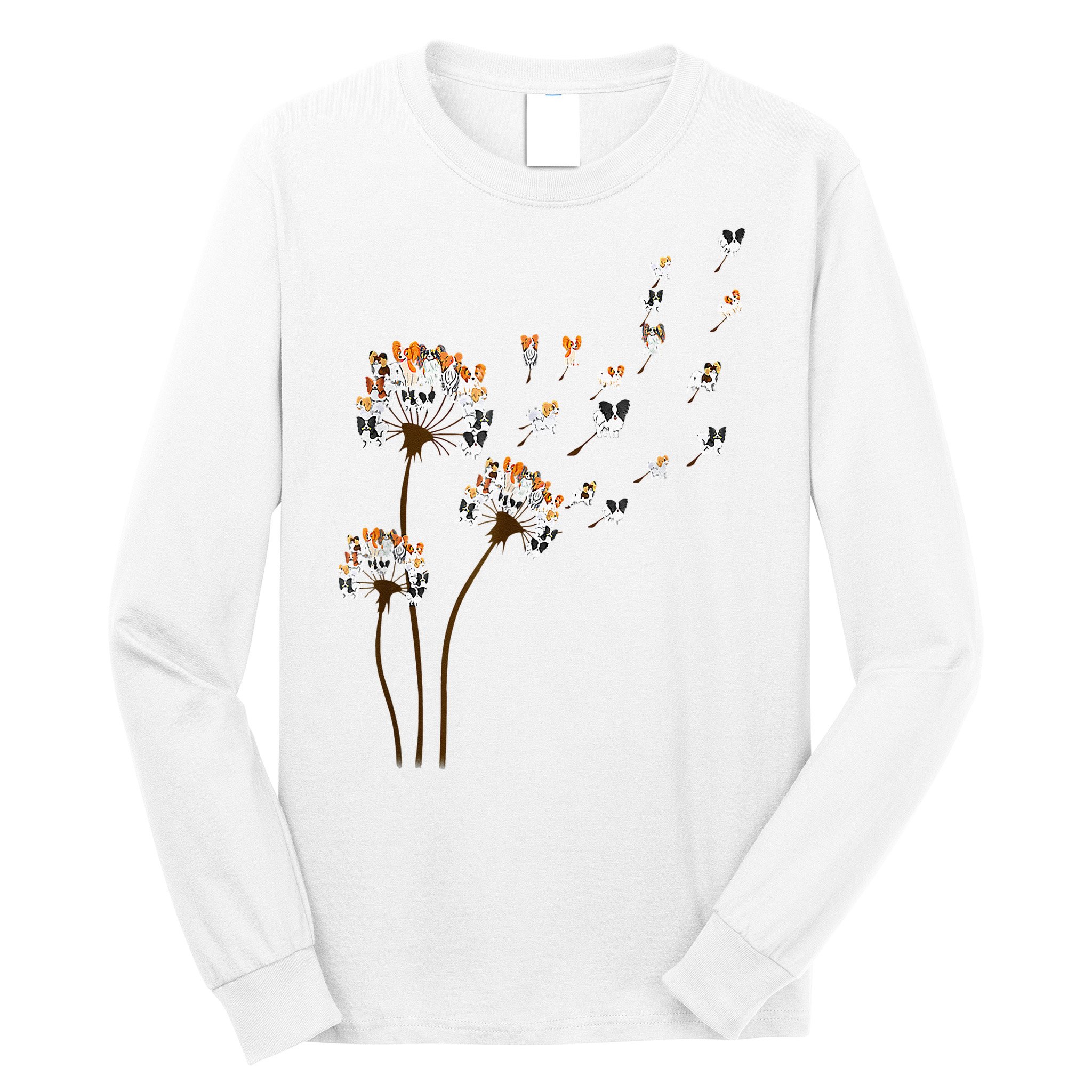 Papillon Dogs Flower Fly Dandelion Dog Mama Dog Lover Long Sleeve Shirt