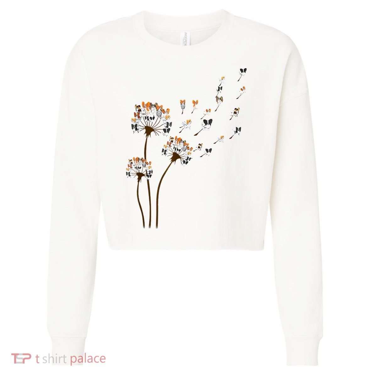 Papillon Dogs Flower Fly Dandelion Dog Mama Dog Lover Cropped Pullover Crew